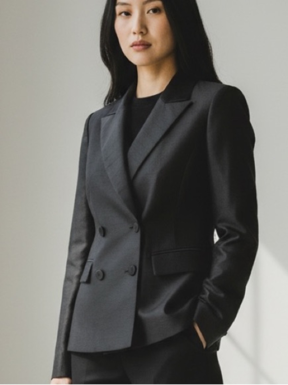 Nina Mclemore Silk Shantung Double Breasted Jacket Black Like New Size 6 Luxury